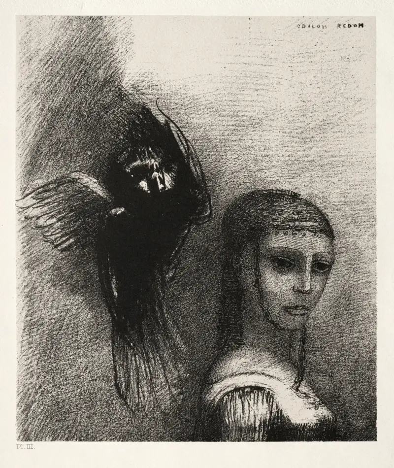 Och en stor fågel, som störtar ner från himlen, kastar sig mot hennes hårs högsta punkt av Odilon Redon