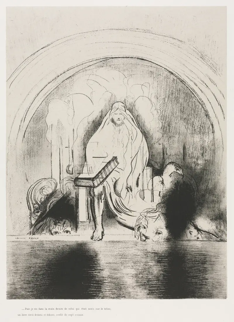 And I Saw in the Right Hand of Him that Sat on the Throne a Book Written within and on the Backside, Sealed with Seven Seals av Odilon Redon