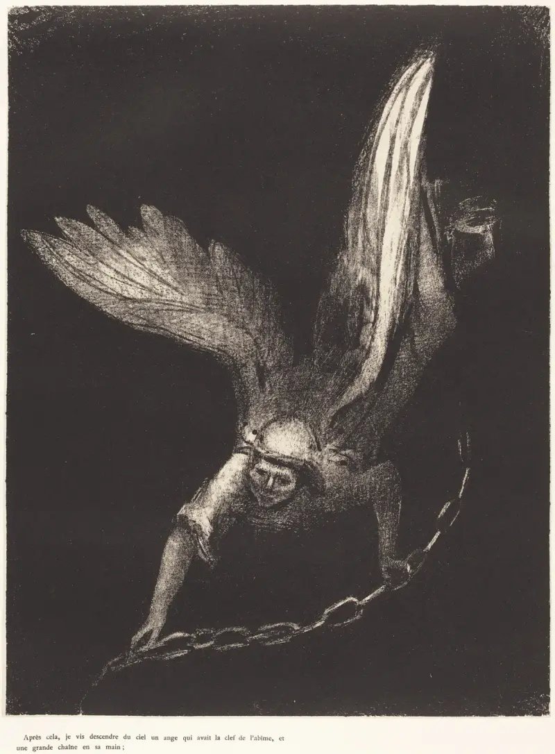 Apres cela je vis descendre du ciel un ange qui avait la clef de l’abime, et une grande chaine en sa main av Odilon Redon