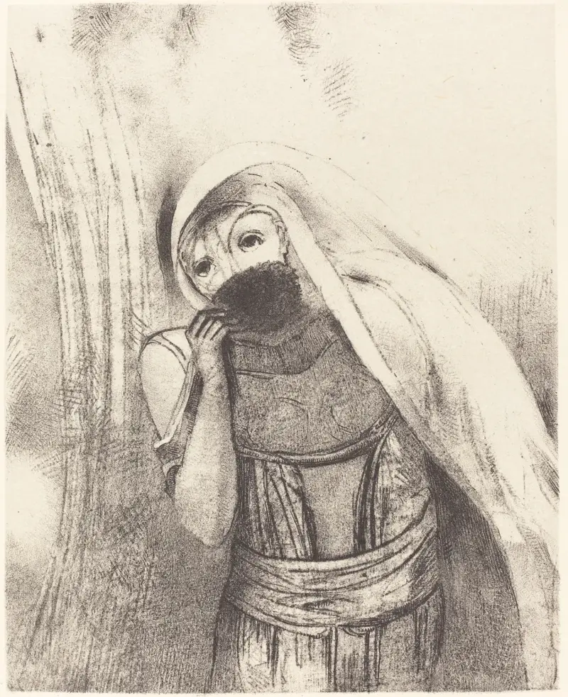 Hon drar ur sitt bröst en helt svart svamp och täcker den med kyssar av Odilon Redon