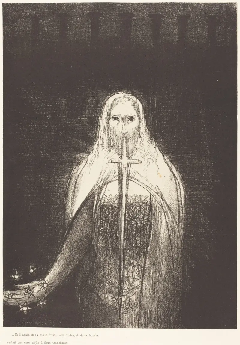 Et il avait dans sa main droit sept etoiles, et de sa bouch sortait une epee aigue a deux tranchants av Odilon Redon