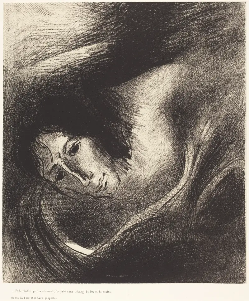 Et le diable qui les seduisait, fut jete dans l’etang de feu et de soufre, ou es la b ete et le faux prophete av Odilon Redon