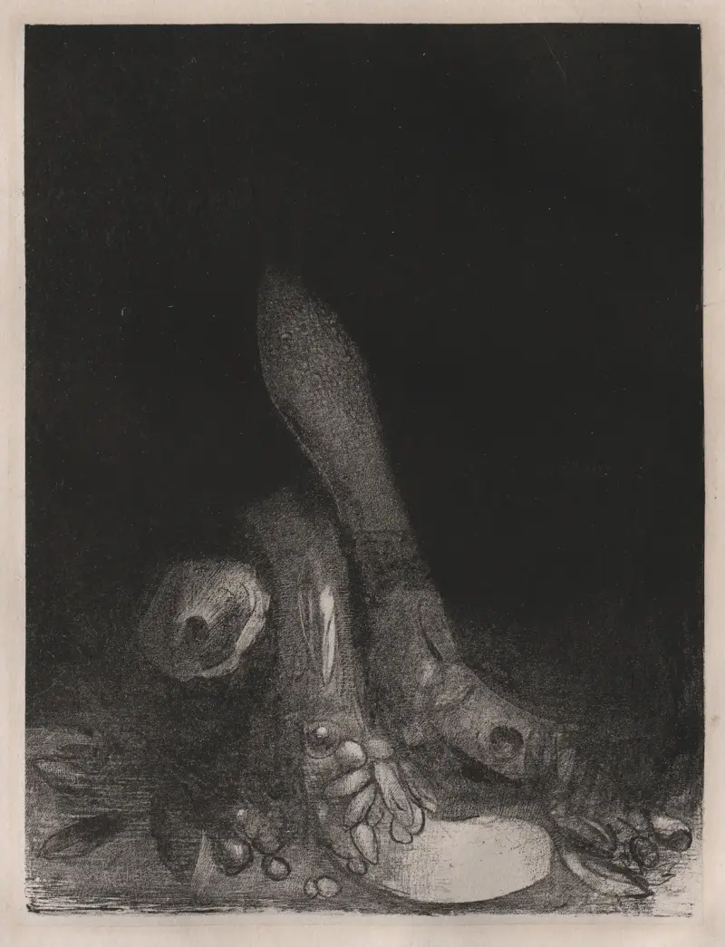 Blumen fallen und ein Pythonkopf erscheint von Odilon Redon