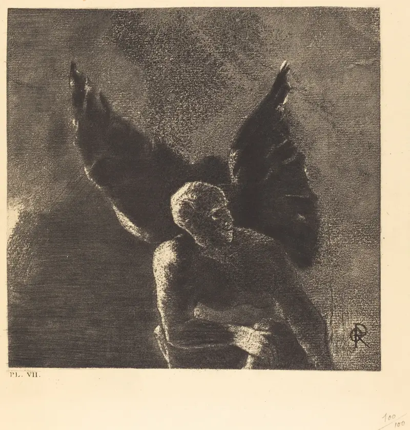 Ehre und Lob sei dir, Satan, in den Höhen des Himmels, wo du herrschtest, und in den Tiefen der Hölle, wo du besiegt in der Stille träumst! von Odilon Redon