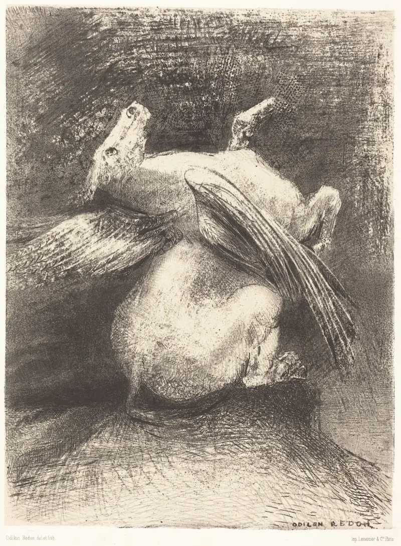 L’Aile impuissante n’eleva point la bete en ces noirs espaces av Odilon Redon
