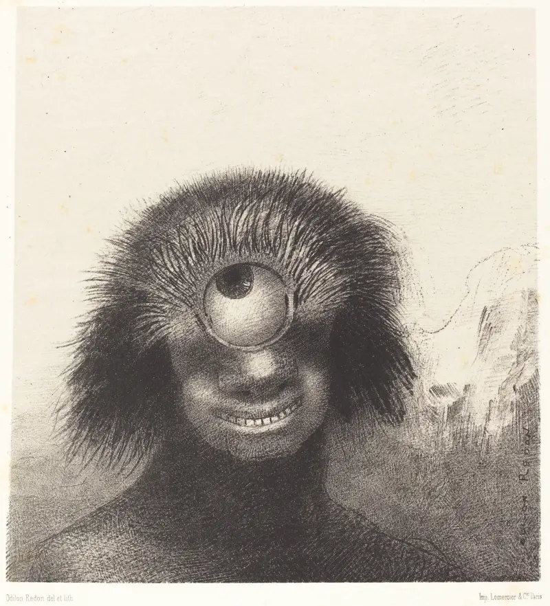 Le Polype difforme flottait sur les rivages, sorte de cyclope souriant et hideux (Thedeformed polyp floated on the shores, a sort of smiling and hideous Cyclops av Odilon Redon