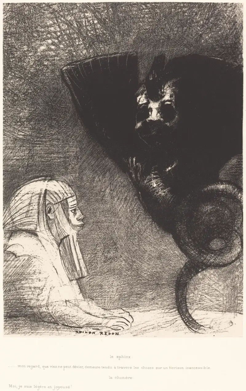Le Sphynx…mon regard que rien ne peut devier, demeure tendu a travers les choses sur un horizon inaccessible. La Chimere – Moi, Je suis legere et joyeuse, 1889 – nr 2 av Odilon Redon