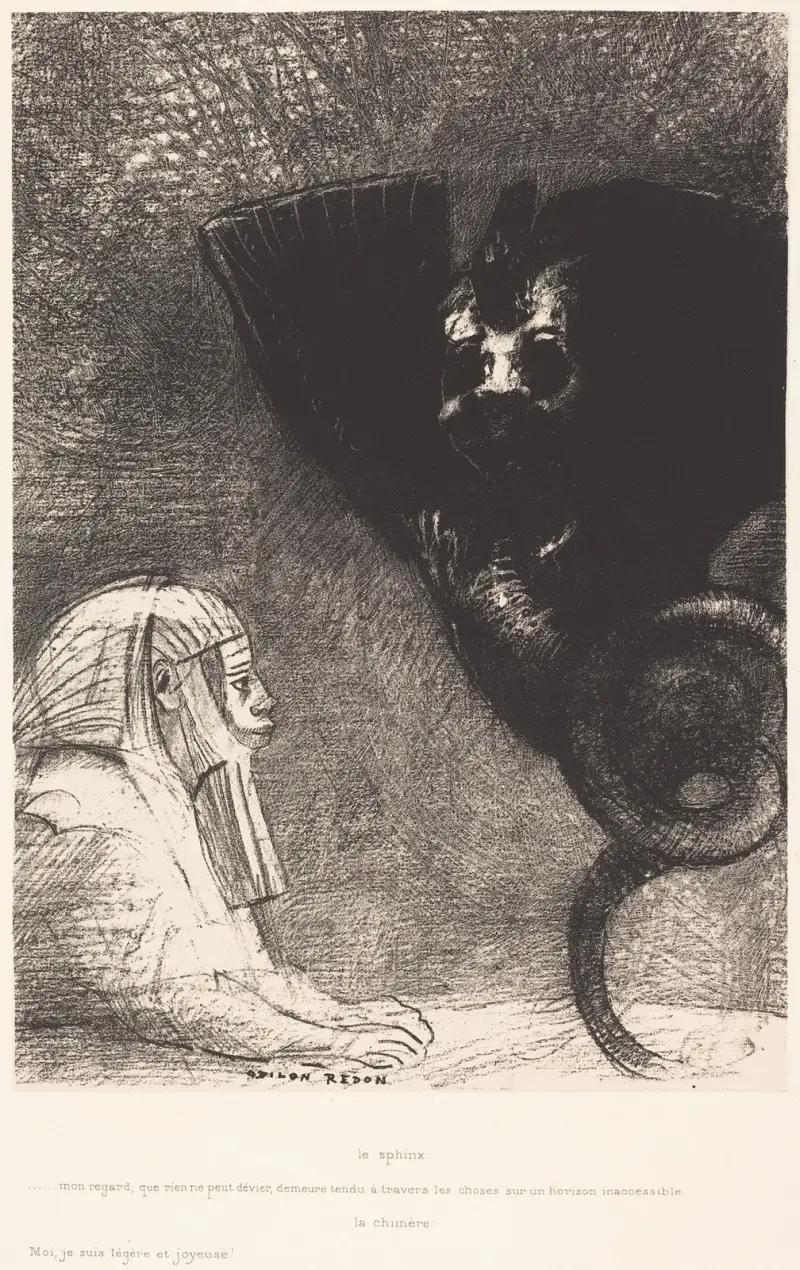 Le Sphynx…mon regard que rien ne peut devier, demeure tendu a travers les choses sur un horizon inaccessible. La Chimere; Moi,Je suis legere et joyeuse, 1889 – nr 1 av Odilon Redon