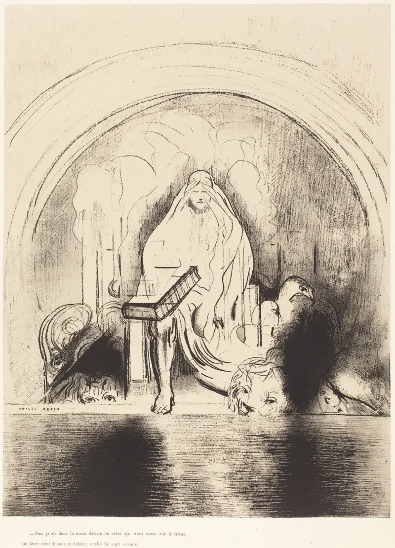 Puis je vis, dans la main droite de celui quietait assis sur le trone, un livre ecritdedans et dehors, scelle de sept sceaux av Odilon Redon