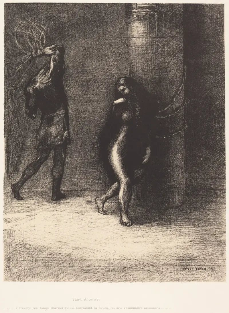 Saint-Antoine…A travers ses longs cheveux qui lui couvraient la figure, j’ai cru reconnaitre Ammonaria av Odilon Redon