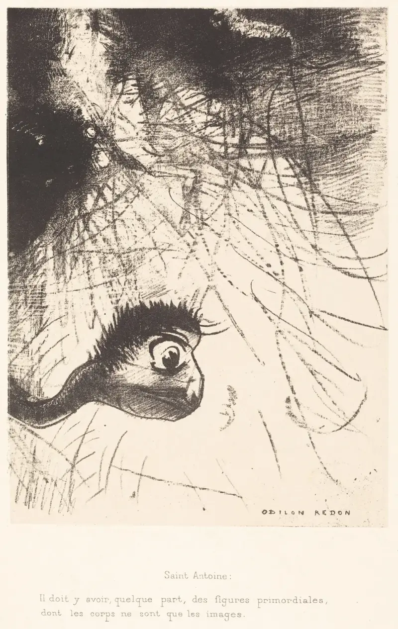 Saint-Antoine; Il doit y avoir quelque part des figures primordiales dont les corps ne sont que les images av Odilon Redon