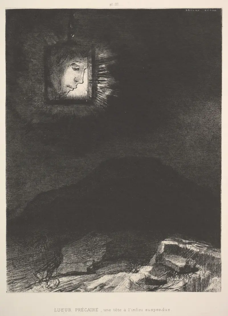 The vague glimmer of a head suspended in space av Odilon Redon