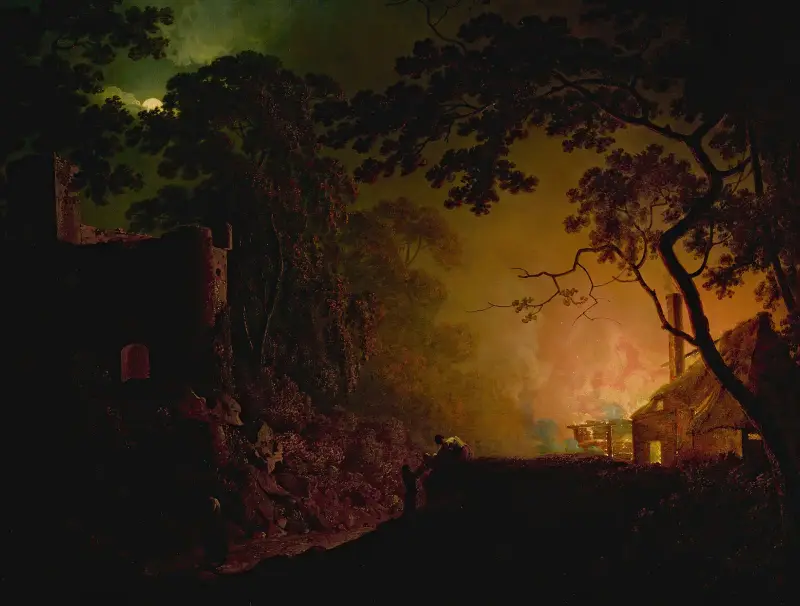 En stuga i brand om natten av Joseph Wright of Derby