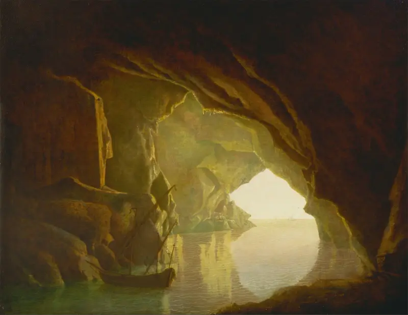 En grotta i Salernobukten, solnedgång av Joseph Wright of Derby