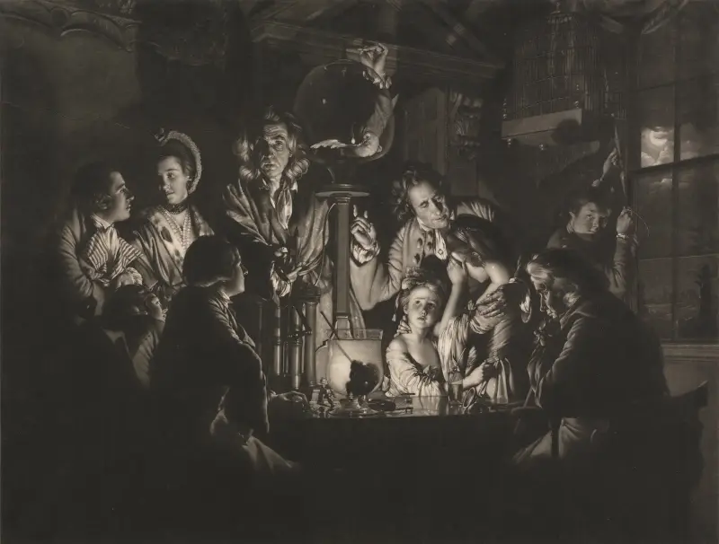 En filosof visar ett experiment med luftpumpen av Joseph Wright of Derby