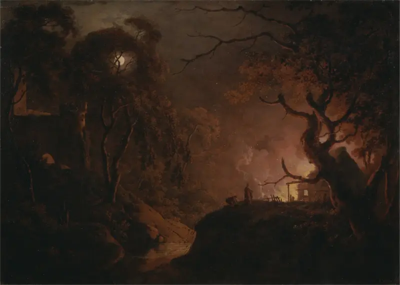Stuga i brand om natten av Joseph Wright of Derby
