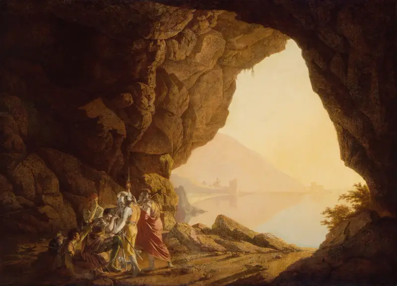 Grotto by the Seaside in the Kingdom of Naples with Banditti, Sunset av Joseph Wright of Derby