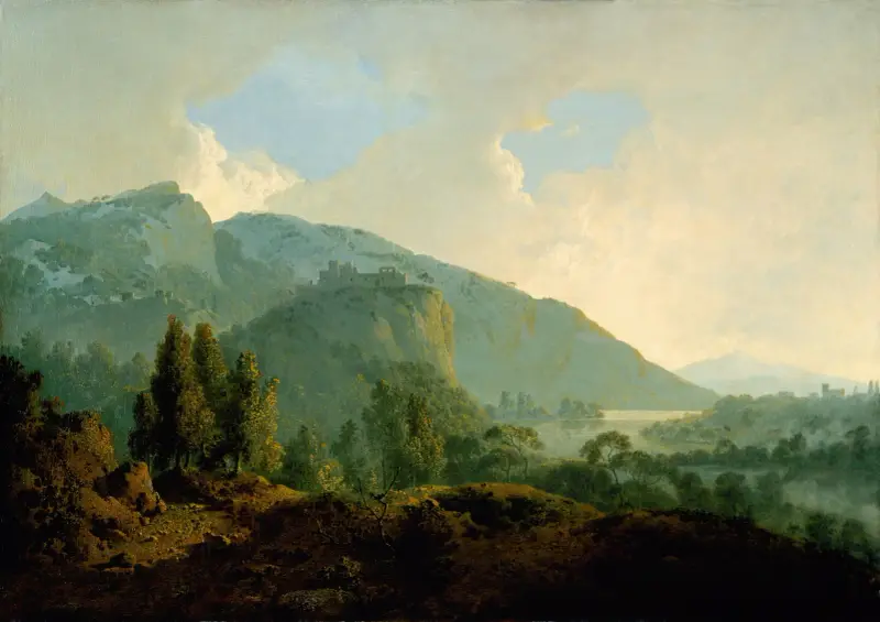 Italienskt landskap med berg och flod av Joseph Wright of Derby