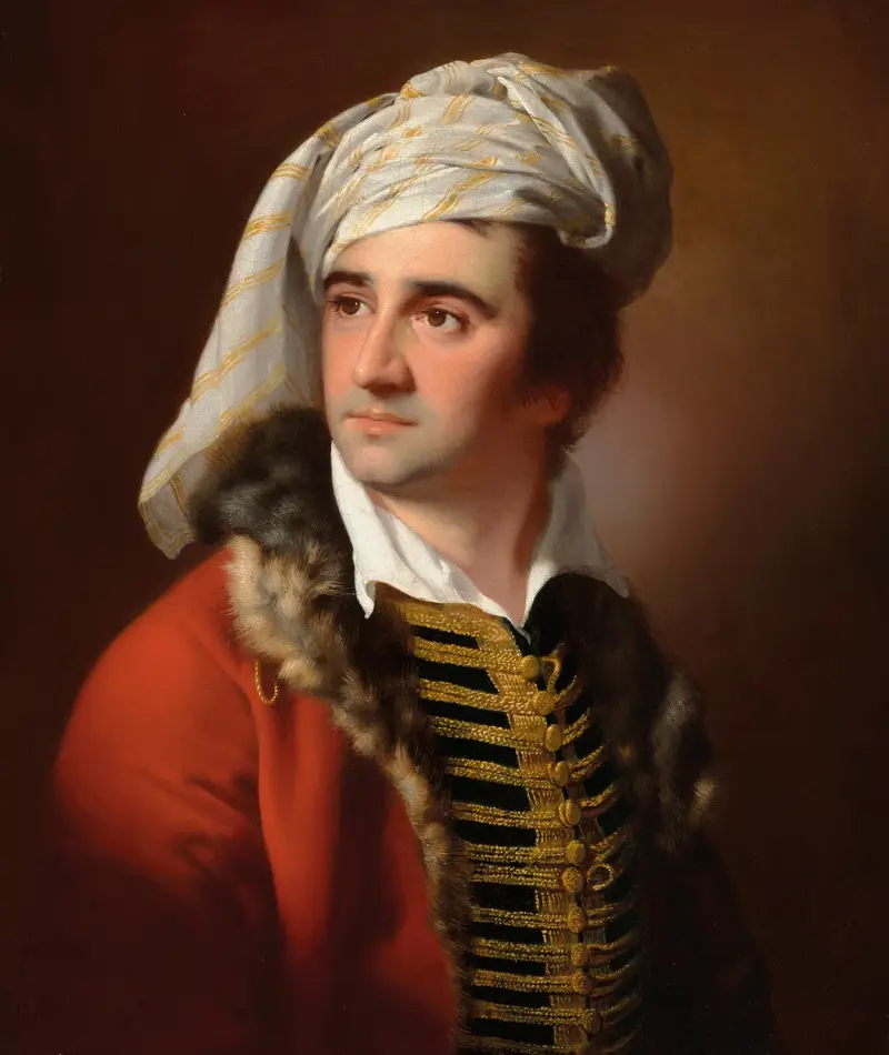 Porträtt av en herre i röd pälsbrämad rock av Joseph Wright of Derby