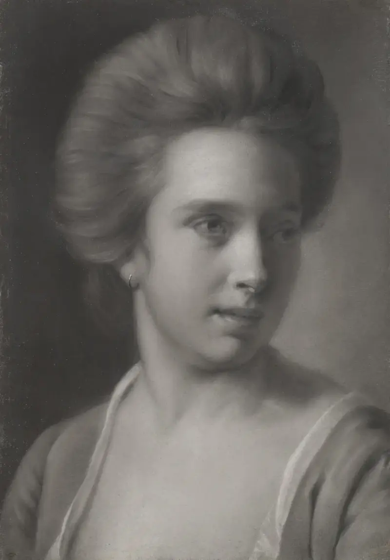 Porträtt av en kvinna, hennes huvud vänt åt höger, med örhänge av Joseph Wright of Derby