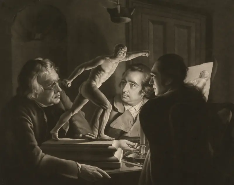 Tre personer betraktar gladiatorn i ljuset av ett stearinljus av Joseph Wright of Derby