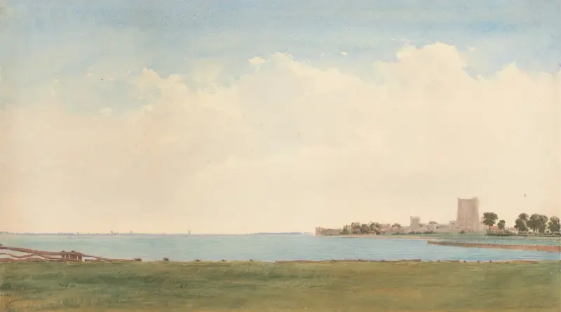 Porchester Castle; A View from Porchester Village Looking across the Water to Portsmouth av William Turner of Oxford