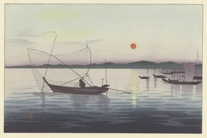 Boote und Sonnenuntergang von Ohara Koson