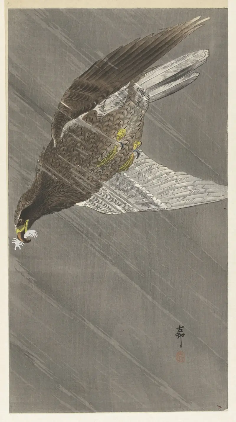 Örn flyger ned av Ohara Koson