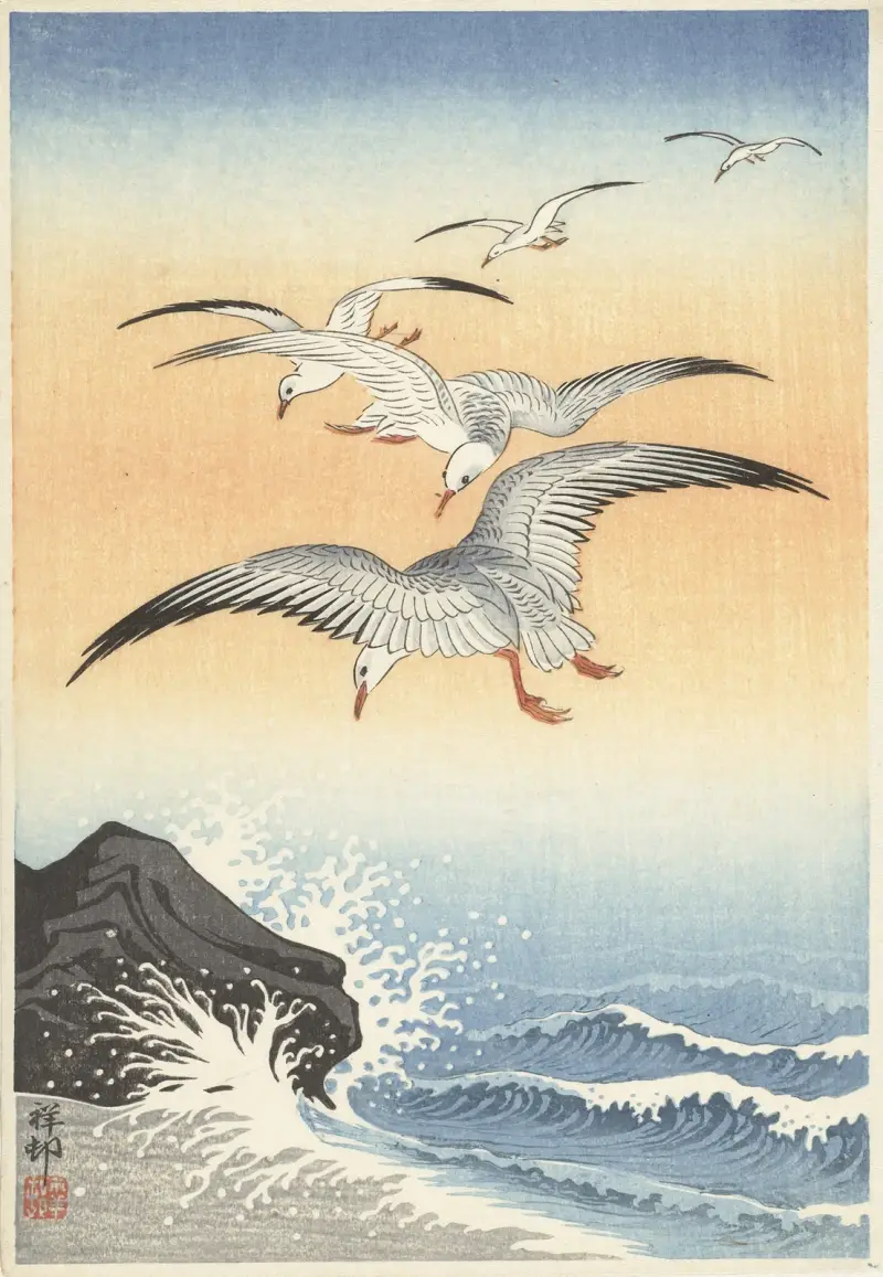 Five seagulls above turbulent sea av Ohara Koson