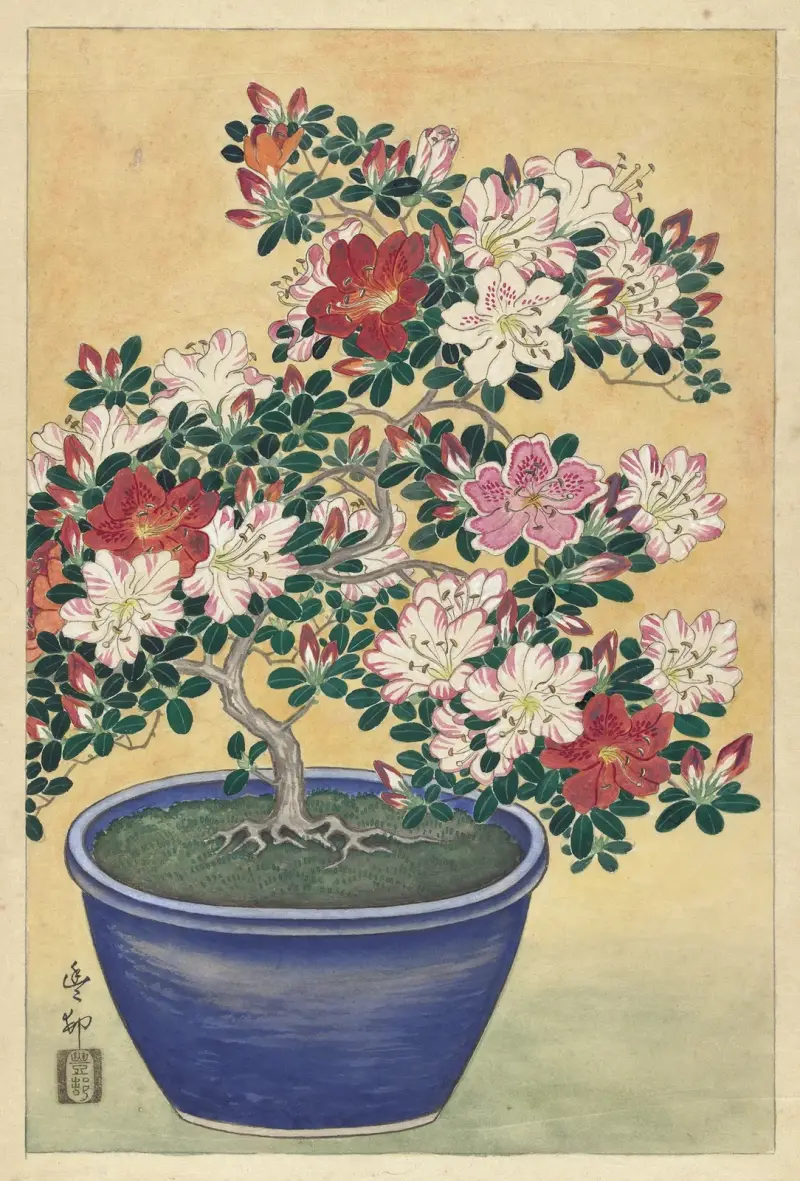 Kvetoucí azalka v modrém květináči, Ohara Koson