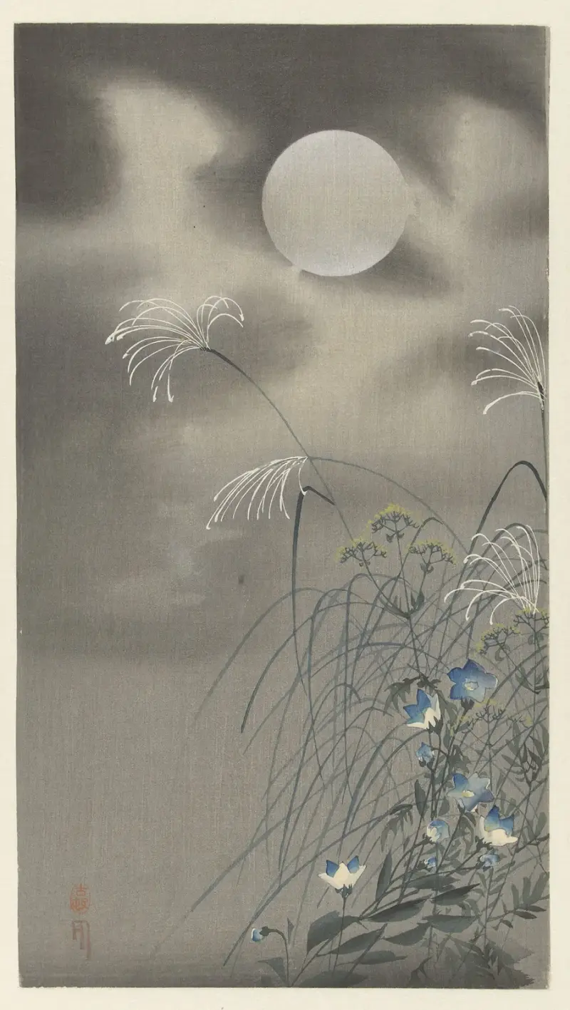 Trávy a květiny při úplňku, Ohara Koson