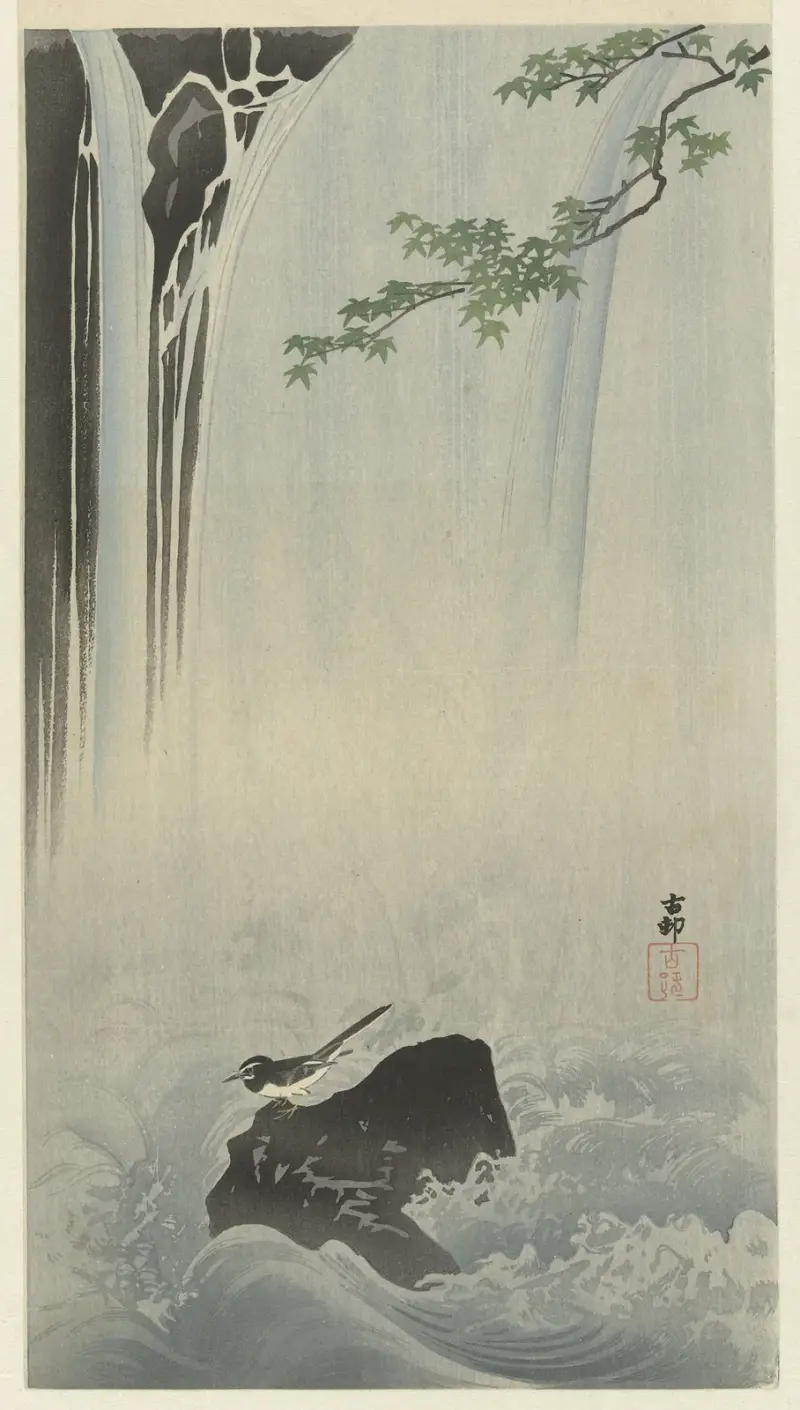 Japonská konipas u vodopádu, Ohara Koson