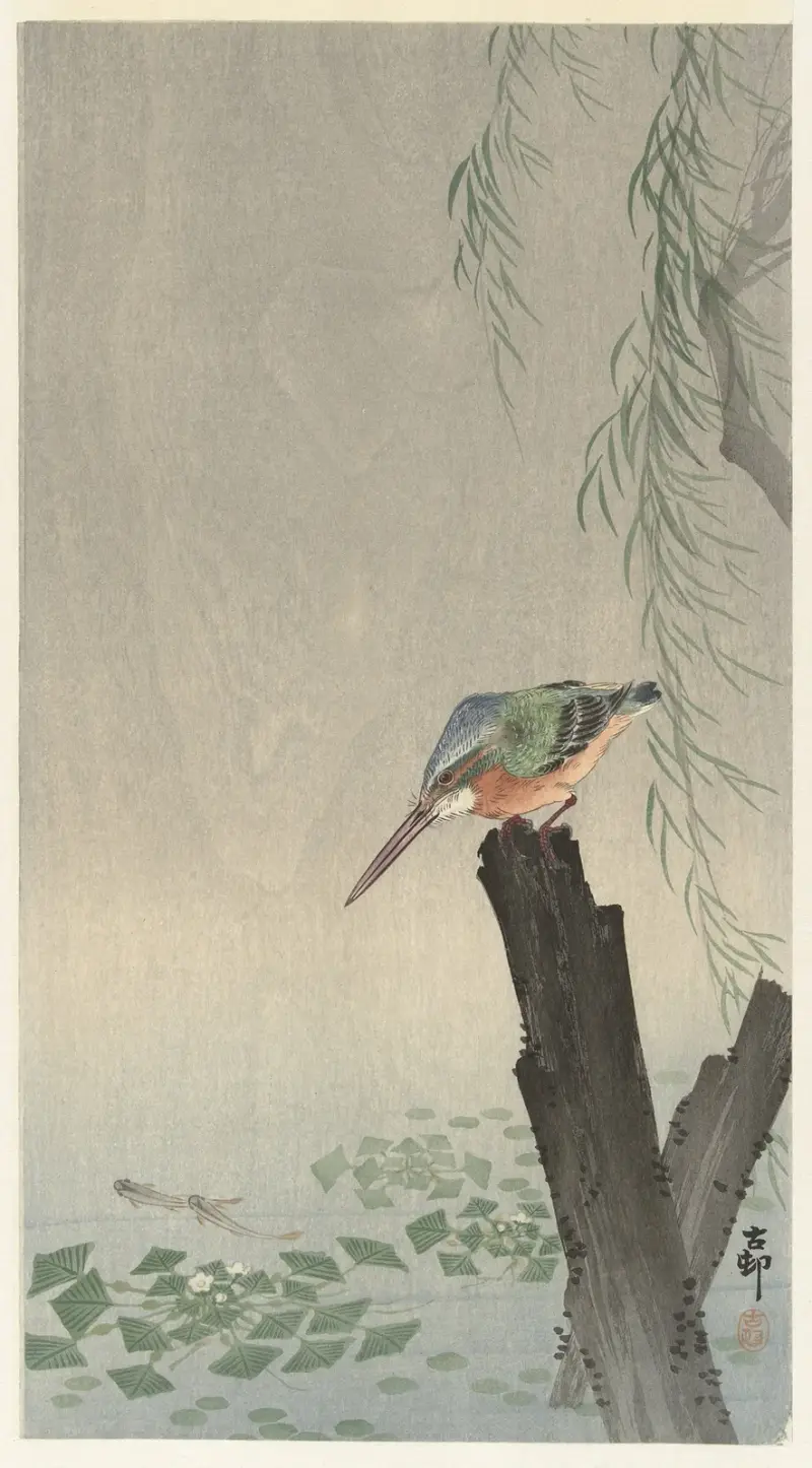 Kungsfiskare på trästubbe av Ohara Koson