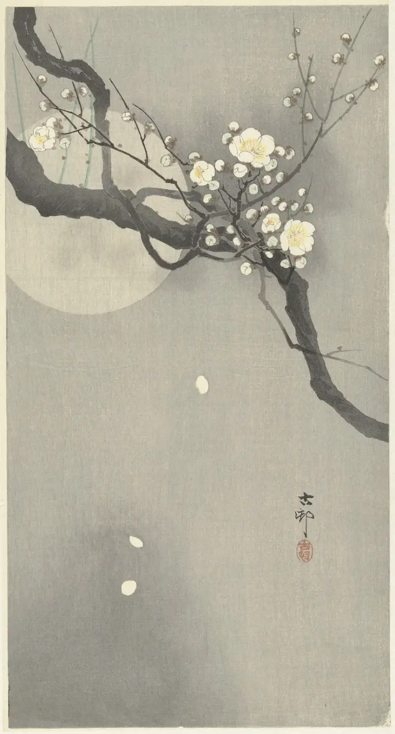 Švestkové květy a úplněk, Ohara Koson