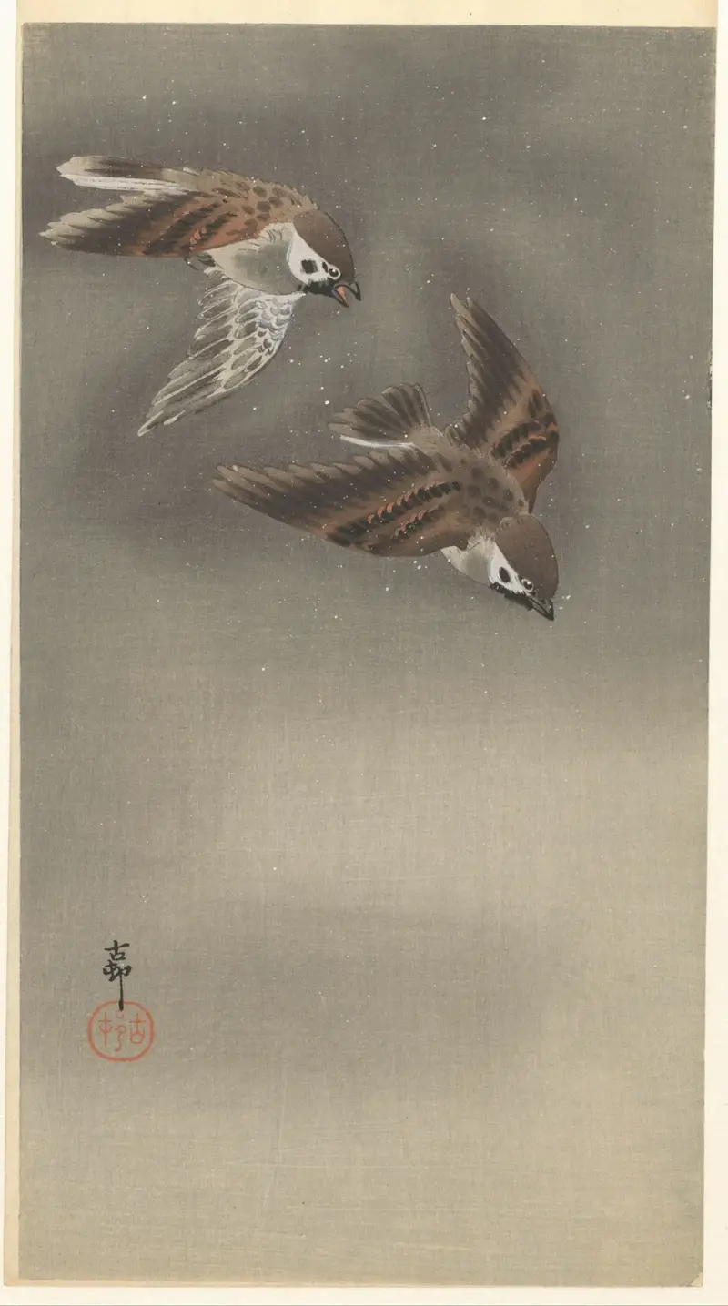 Vrabci v sněhu, Ohara Koson