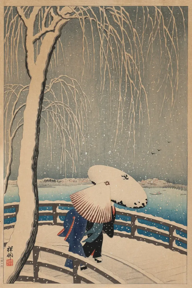 Deštníky ve sněhu, Ohara Koson
