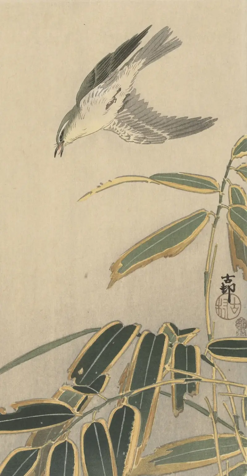 Stenskvätta med bambu, Ohara Koson