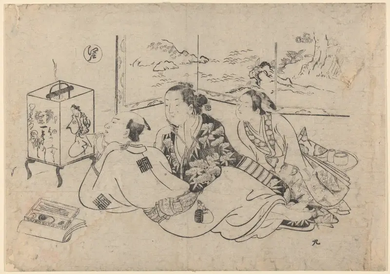 Artist Painting Brazier Cover (two women watching) av Okumura Masanobu
