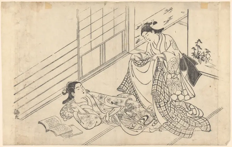 Woman Reclining (maid covering with a robe) av Okumura Masanobu