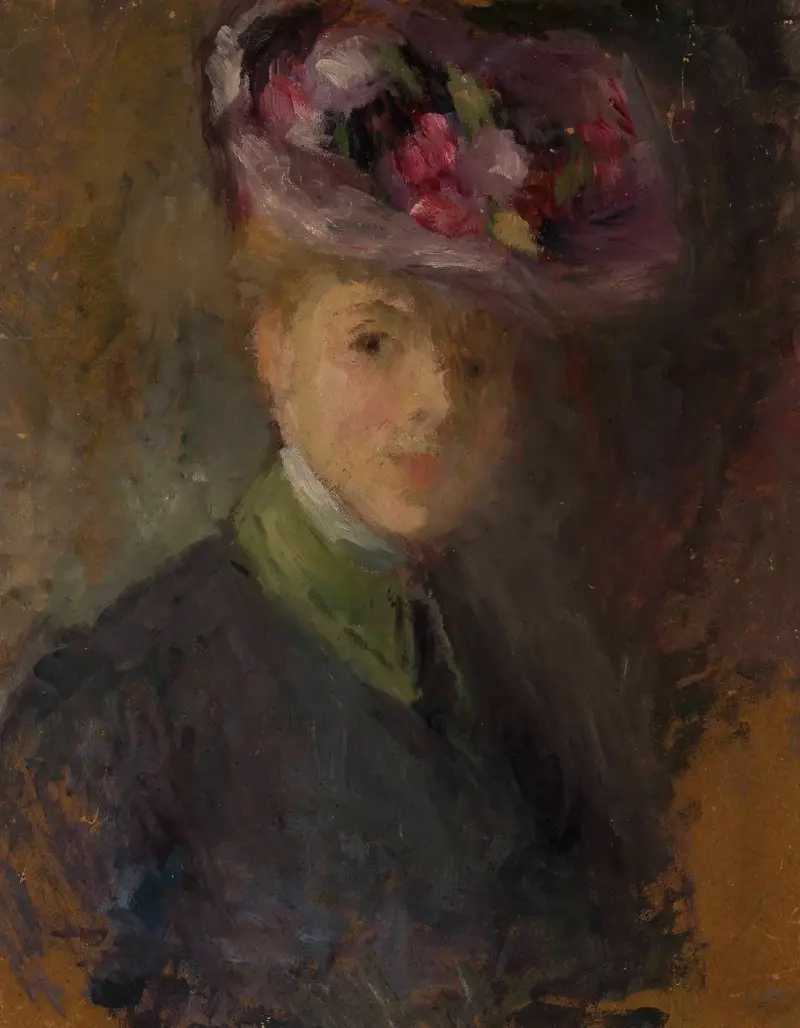 Porträtt av kvinna i hatt med blommor av Olga Boznanska