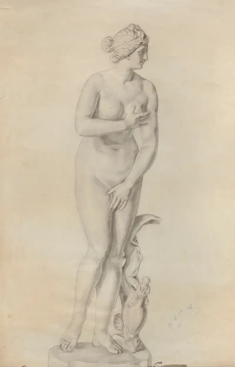 Teckning efter en kopia av Praxiteles skulptur av Venus de Medici-typ av Olga Boznanska