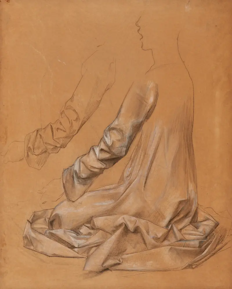 Studie av draperi på en figur i trekvartsvy bakifrån, i dräkt, och studie av en ärm av Luc-Olivier Merson