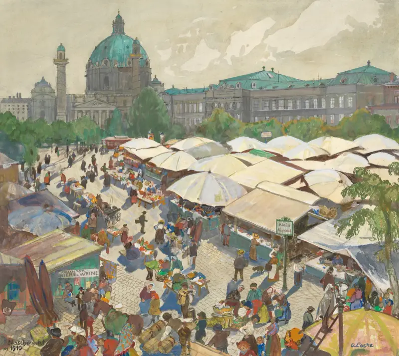 Den gamla Naschmarkt med Karlskirche omkring 1910 av Oskar Laske
