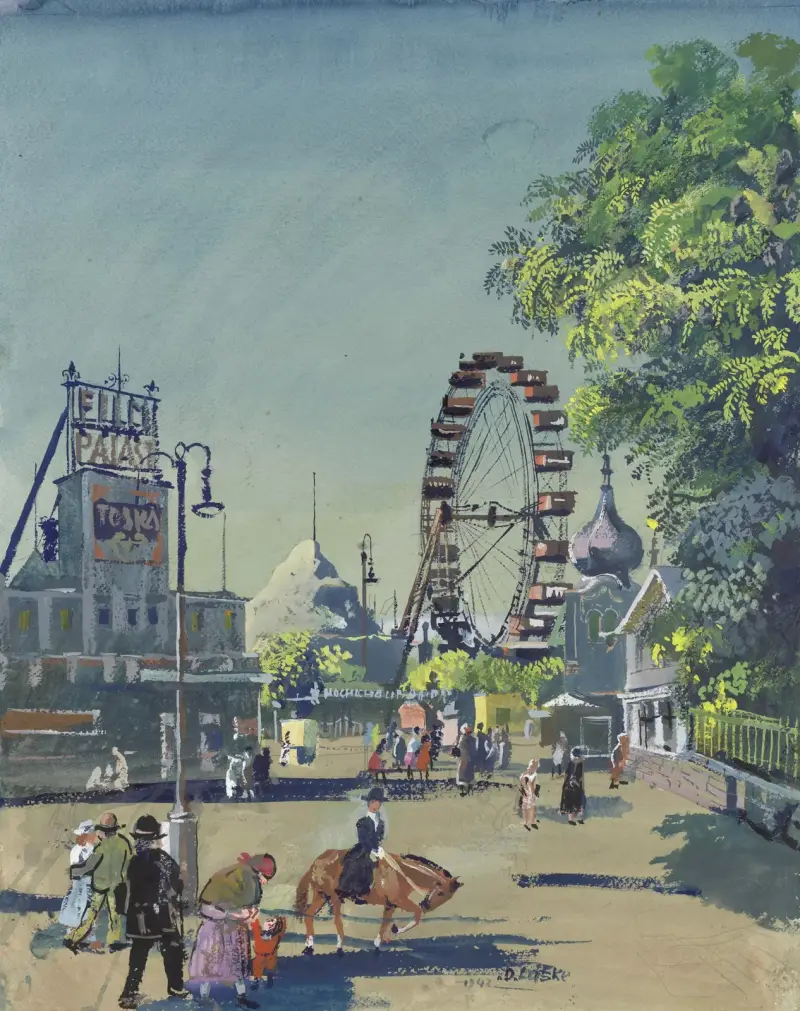 Im Prater bei der Hochschaubahn, Riesenrad u. Filmpalast av Oskar Laske