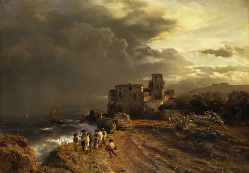 Avtagande storm vid italienska kusten av Oswald Achenbach
