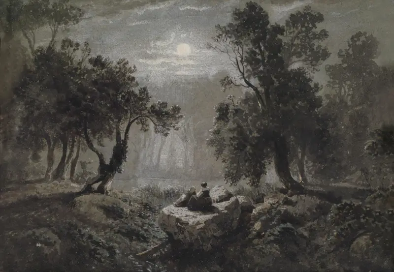 Eine romantische Waldlandschaft im Mondlicht von Oswald Achenbach