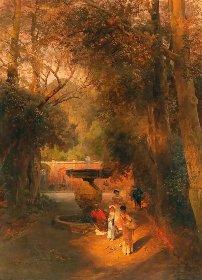 In the park by the fountain of Villa Torlonia in Frascati, near Rome av Oswald Achenbach