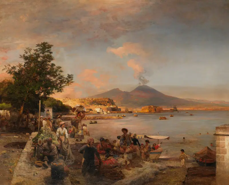 Marknadsscen vid Neapel med utsikt mot Vesuvius av Oswald Achenbach