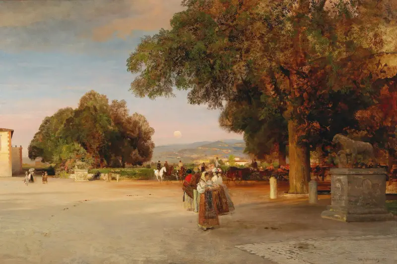 Scene at dusk on the terrace of Villa Grazioli in Grottaferrata av Oswald Achenbach
