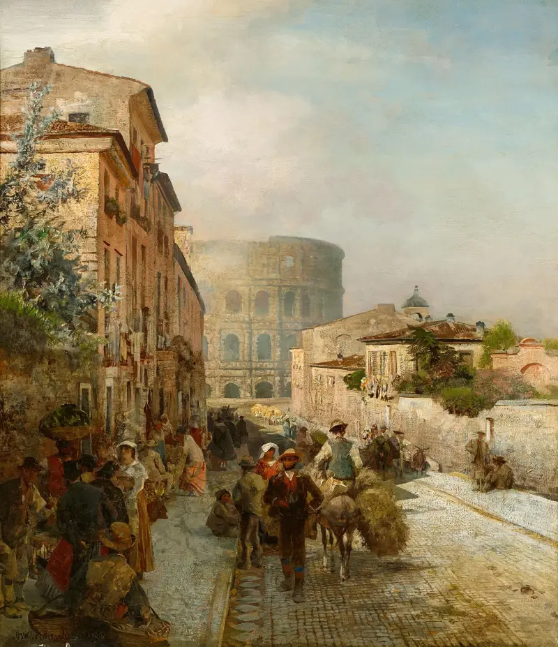 Straße in Rom mit Blick auf das Kolosseum av Oswald Achenbach